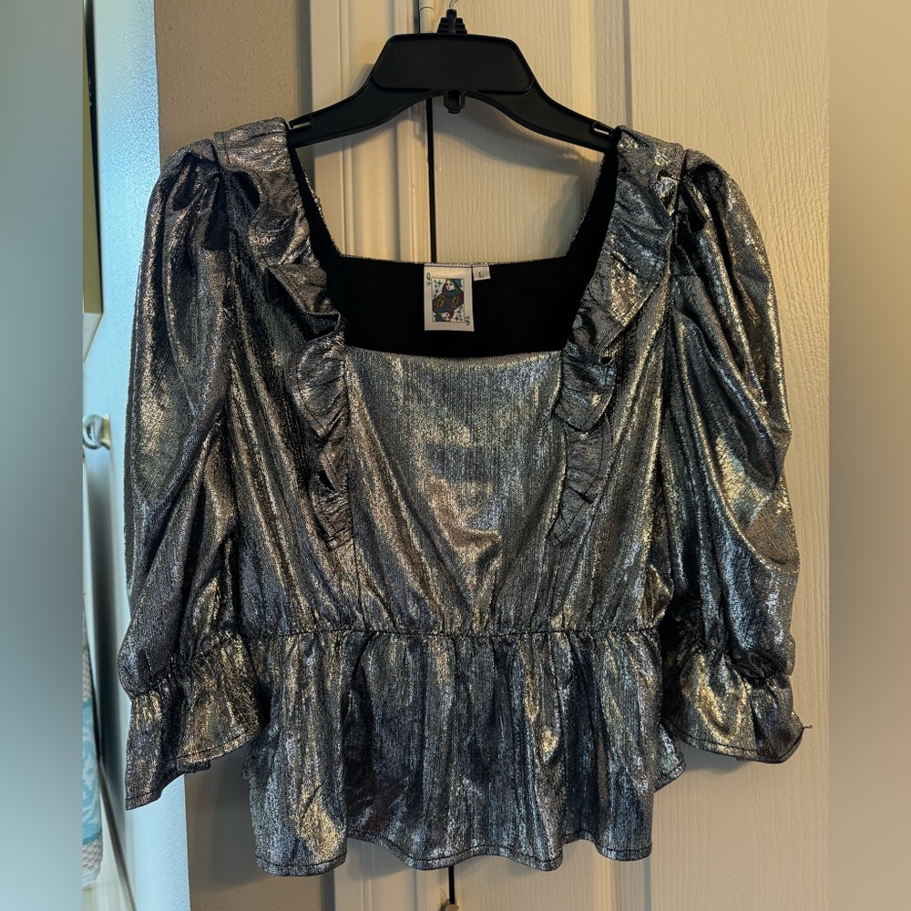 Queen Of Sparkles Metallic Silver Ruffle Top